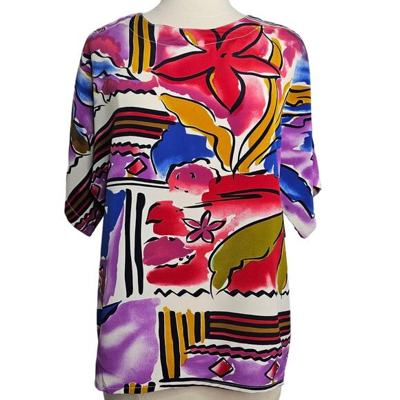 Che Studio Womens Vintage Short Sleeve Abstract Top Size Large 90s Vibrant Artsy - Picture 1 of 11
